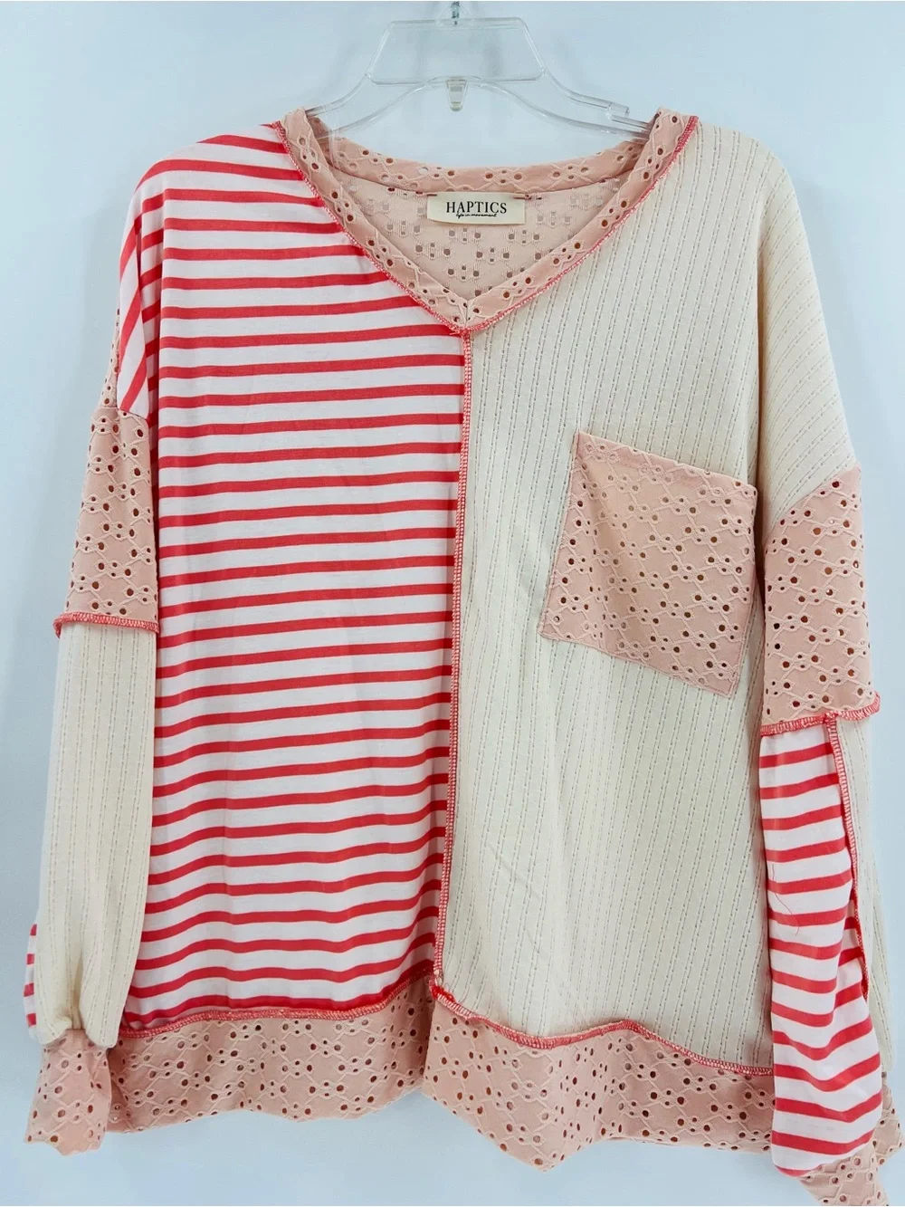 HAPTICS Boho Colorblock Eyelet Stripe Top Peach Cream M New in Bag - Picture 14 of 15